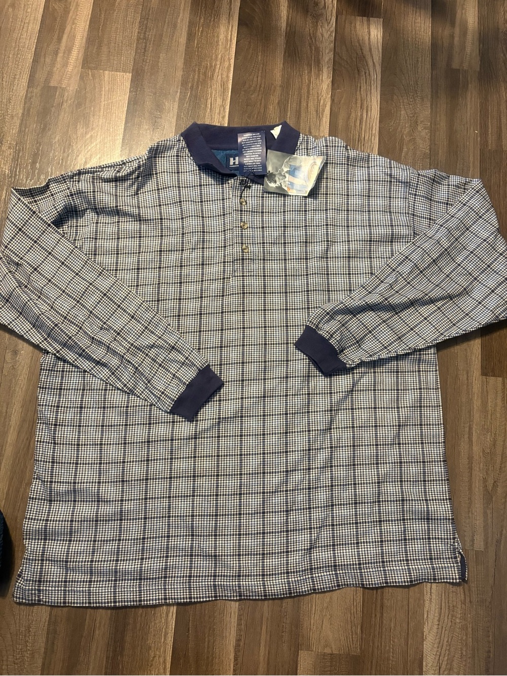 Vintage HIS Men's Long-Sleeve Navy Plaid Polo Shirt